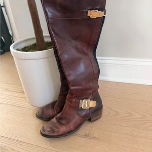 Vince Camuto Brown Leather Knee-High Heeled Boots with Gold Buckles